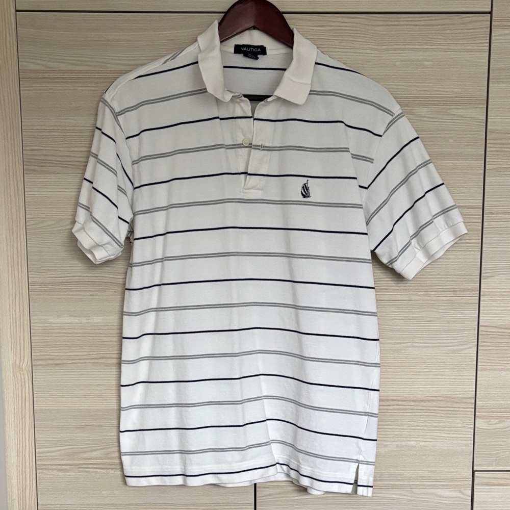 Vintage Nautica Men's Polo Shirt in White with Navy Stripes